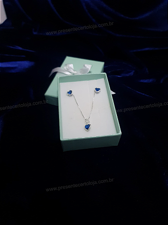 Conjunto Coração com Zircônia Azul Escuro – Prata 925 | Brinco + Colar 45cm