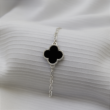 Pulseira Trevo com Ônix 11mm – Elos Redondos – 18cm – Prata 925