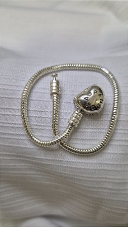 Pulseira Estilo Pandora – Fecho Coração Cravejado – 17cm – Prata 925