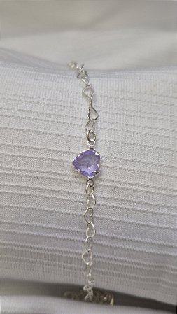 Pulseira Coração com Zircônia Lilás – Elos Coração – 18cm – Prata 925