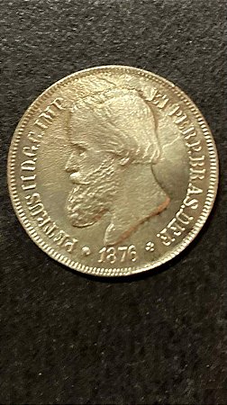 Moeda de Prata do Brasil 500 Reis - 1876 - Com rabicho raro - 6,38 g Prata - Sob