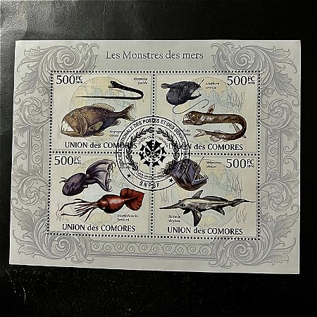 Bloco de Selos Estrangeiros - Union des Comores - Les Monstres des Mers - 2010 - com carimbo - ref.301