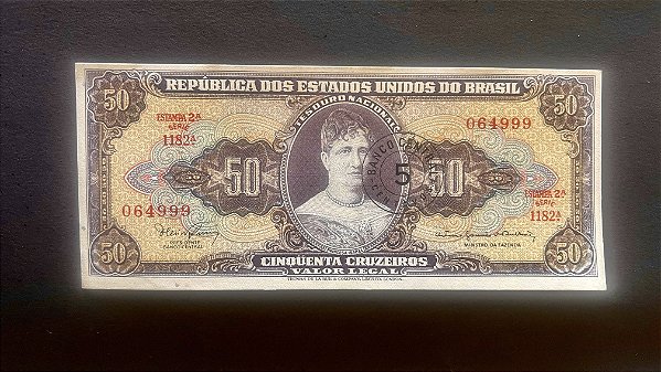 Cédula do Brasil - Cinquenta Cruzeiros - carimbo 5 Centavos - Princesa Isabel - Sob - ref.199