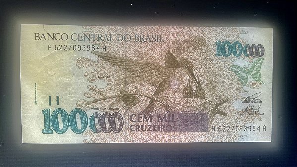 Cedula do Brasil - Cem Mil Cruzeiros - Beija FLor - FE - ref.200