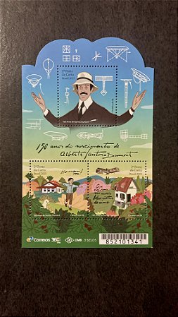 Bloco de Selo Comemorativo do Brasil - 150 Anos do Nascimento de Santos Dumont - Brasil 2023 - Mint