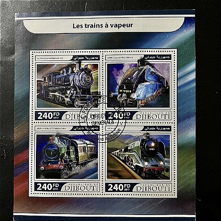 Bloco de Selos Estrangeiros - Republique de Djibouti - Trens a Vapor - Les Trains à Vapeur - 2017 - com carimbo - ref.267