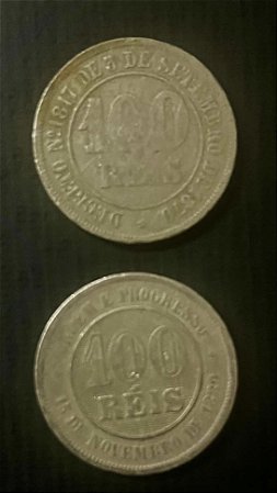 02 Moedas do Brasil de Cupro Niquel - 100 Reis 1871 e 100 Réis 1889 - Mbc - ref.346