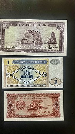 03 Cédulas Estrangeiras - Libano - Laos - Azerbaijão - FE - ref.395