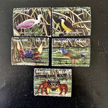 07 Selos Comemorativos do Brasil - destacados do Bloco - Tubarões do Litoral Brasileiro - Preservação dos Manguezais - mint - ref.414