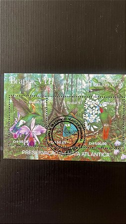 Bloco de Selos do Brasil - Preservação da Mata Atlantica com Carimbo comemorativo - ref.448