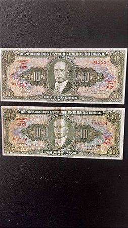 01 Cédulas do Brasil - Dez Cruzeiros - Dez Cruzeiros com carimbo de 1 Centavo - Getulio Vargas - Mbc - ref.502