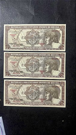 03 Cédulas do Brasil - Cinco Cruzeiros - Série 105 - Sob (ref.524)