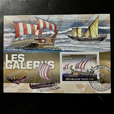 Bloco de Selos Estrangeiros - Republica Togolaise - Les Galeres - Nuestra Senõra de Atocha - 2010 - com carimbo - ref.525