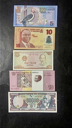 05 Cédulas Estrangeiras - Angola-Nigéria-Suriname-Vietnam-Equador - Sob-FE - ref.612