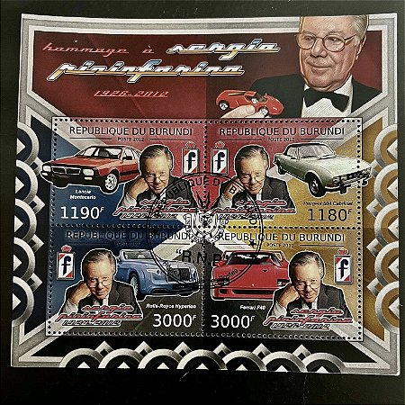 Bloco de Selos Estrangeiros - Homenagem ao Designer automotivo Sergio Pininfarina -Republica do Burundi - 2012 - ref.846