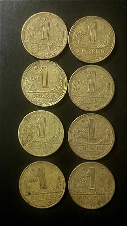 08 Moedas de Aluminio Bronze do Brasil - 1 Cruzeiro-1944-1945-1945-1946-1946-1947-1949 - Mbc - ref.860