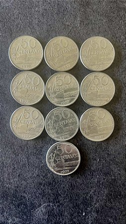 10 Moedas de Aço Inoxidável do Brasil - 50 Centavos - 1977 - Mbc - ref.876