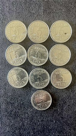 10 Moedas de Aço Inoxidável do Brasil - 5 Cruzeiros Reais - 1993 - Mbc - ref.877