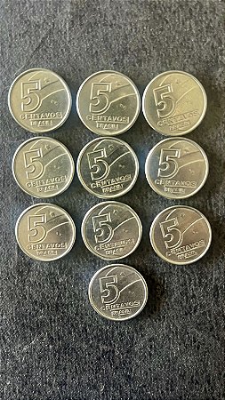 10 Moedas de Aço Inoxidável do Brasil - 5 Centavos - 1989 - ref.890