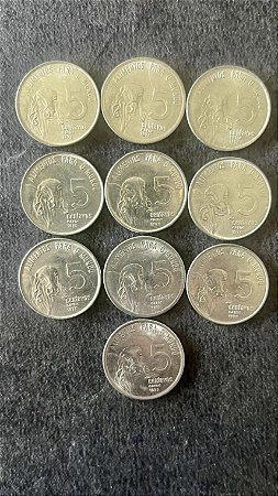 10 Moedas de Aço Inoxidável do Brasil - 5 Centavos - Série FAO - Carne - 1975 - Mbc - ref.902