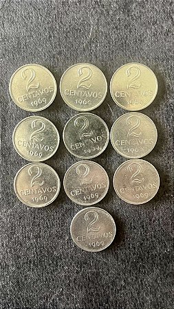 10 Moedas de Aço Inoxidável do Brasil - 2 Centavos - 1969 - Mbc - ref.913