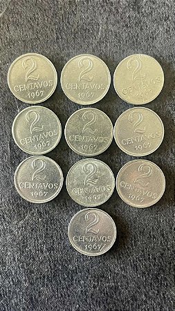 10 Moedas de Aço Inoxidável do Brasil - 2 Centavos - 1967 - Mbc - ref.916