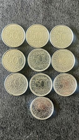 10 Moedas de Aço Inoxidável do Brasil - 500 Cruzeiros - 1992 - Mbc - ref.925