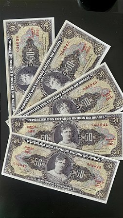 05 Cédulas do Brasil - Cinquenta Cruzeiros - com carimbo 5 Centavos - Princesa Isabel - Sob-FE - ref.938