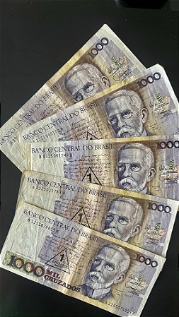 05 Cedulas do Brasil - Mil Cruzados - carimbo 1 Cruzado novo - Mbc - ref.939