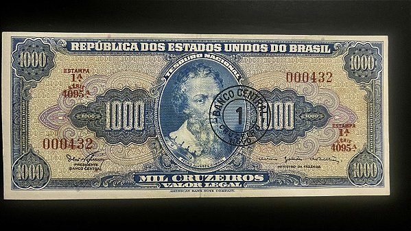Cédula do Brasil - Mil Cruzeiros - carimbo 1 Cruzeiro Novo - Pedro Alvares Cabral - Sob-FE- ref. 940