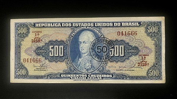 Cédula do Brasil - Quinhentos Cruzeiros - Dom João VI - Carimbo 50 Centavos - sob - ref.941