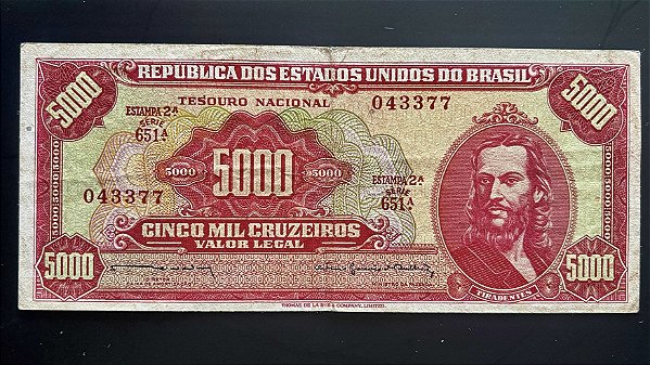 Cédula do Brasil - Cinco Mil Cruzeiros - Tiradentes - Mbc/Sob - ref.944