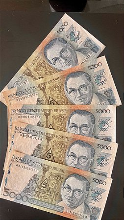 05 Cédulas do Brasil - Cinco Mil Cruzados - carimbo 5 Cruzados Novos - Sob/FE - ref.949