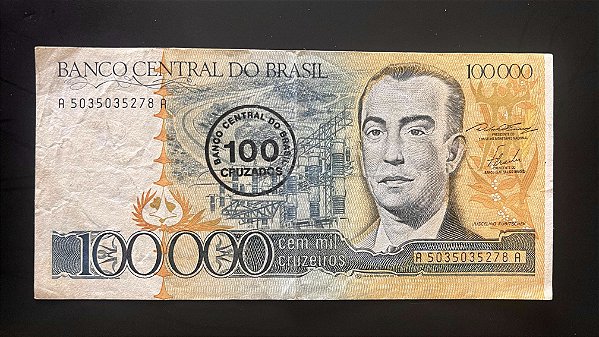 Cédula do Brasil - Cem Mil Cruzeiros - Carimbo 100 Cruzados - Juscelino Kubitschek - Mbc - ref.950