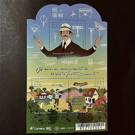Bloco de Selos Comemorativos do Brasil - 150 Anos do Nascimento de Santos Dumont - 2023 - Mint - ref.970