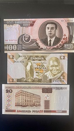 03 Cédulas Estrangeiras - Zambia -Bielorussia - Coreia do Norte - FE - ref.1002