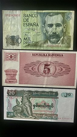 03 Cédulas Estrangeiras - Espanha - Slovenia - Myanmar - Mbc-FE- ref.1006