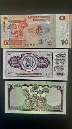 03 Cédulas Estrangeiras - Congo - Iugoslavia - Nepal - FE - ref.1007