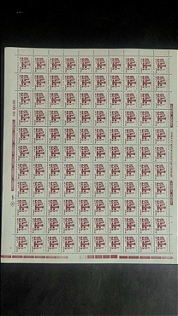 Folha Completa de 110 Selos Regulares do Brasil - CR$.2,00 - Convento São Francisco - Mint - ref.1076 - folha irá dobrada