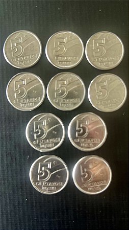 10 Moedas do Brasil - 5 Centavos 1989 - Aço Inoxidável - Mbc - ref.1091