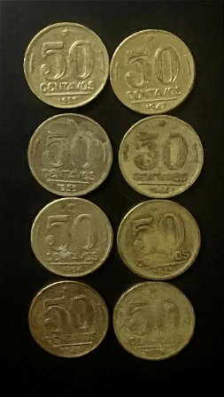 08 Moedas de Aluminio Bronze do Brasil - 50 Centavos - 1944-1945-1947-1948-1953-1954-1955-1956 - Mbc - ref.1112