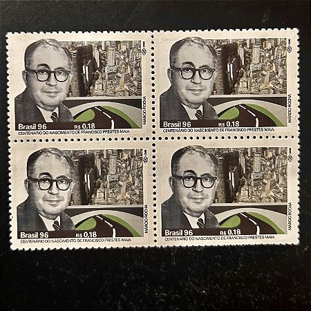 Quadra de Selos Comemorativos do Brasil - Centenário do Nascimento de Prestes Maia - 1996 - Mint - ref.2154
