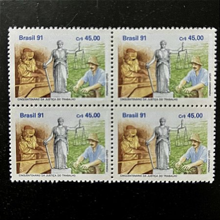 Quadra de Selos Comemorativos do Brasil - Cinquentenario da Justiça do Trabalho- 1991- Mint - ref.2180