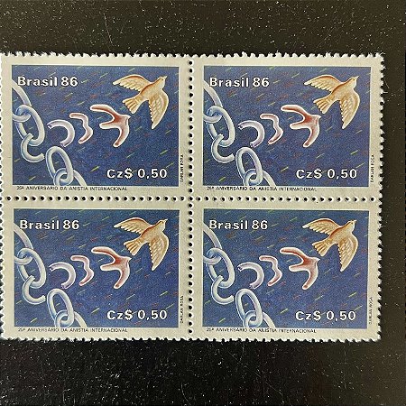 Quadra de Selos Comemorativos do Brasil - 25o. Aniversário da Anistia Internacional - 1986 - Mint - ref.2261