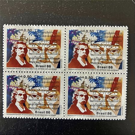Quadra de Selos Comemorativos do Brasil - Sesquicentenario do Nascimento de Carlos Gomes - 1986 - Mint - ref.2262