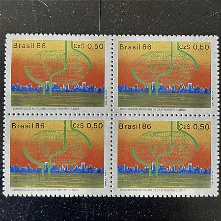 Quadra de Selos Comemorativos do Brasil - Congressos Mundiais de Gastroenterologia em SP - 1986 - Mint - ref.2270