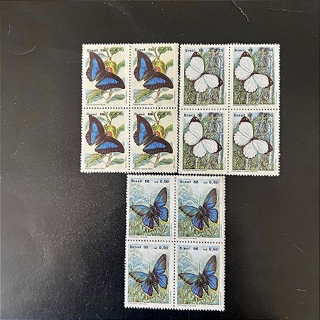 03 Quadras de Selos Comemorativos do Brasil - Preservação da Fauna Brasileira - Borboletas - 1986- Mint - ref.2296