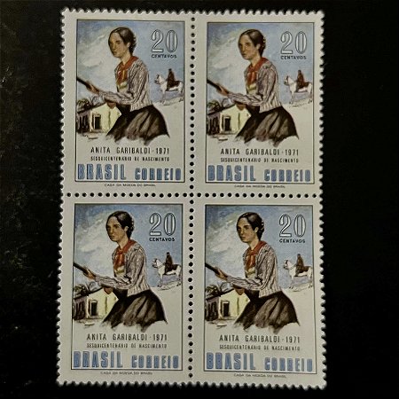 Quadra de Selos Comemorativos do Brasil - Sesquicentenário do Nascimento de Anita Garibaldi - 1971 - Novo - ref.2376