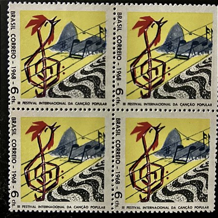 Quadra de Selos Comemorativos do Brasil - III Festival Internacional da Canção Popular RJ - 1968 - Novo - ref.2383
