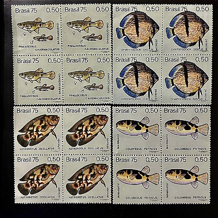 04 Quadras de Selos Comemorativos do Brasil - Peixes Brasileiros de Agua Doce - 1975 - Novo - ref.2412
